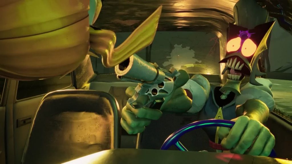 Mud — aiming a heavy revolver from the driver seat toward a target offscreen in a ruined sedan — The Gaslight District
