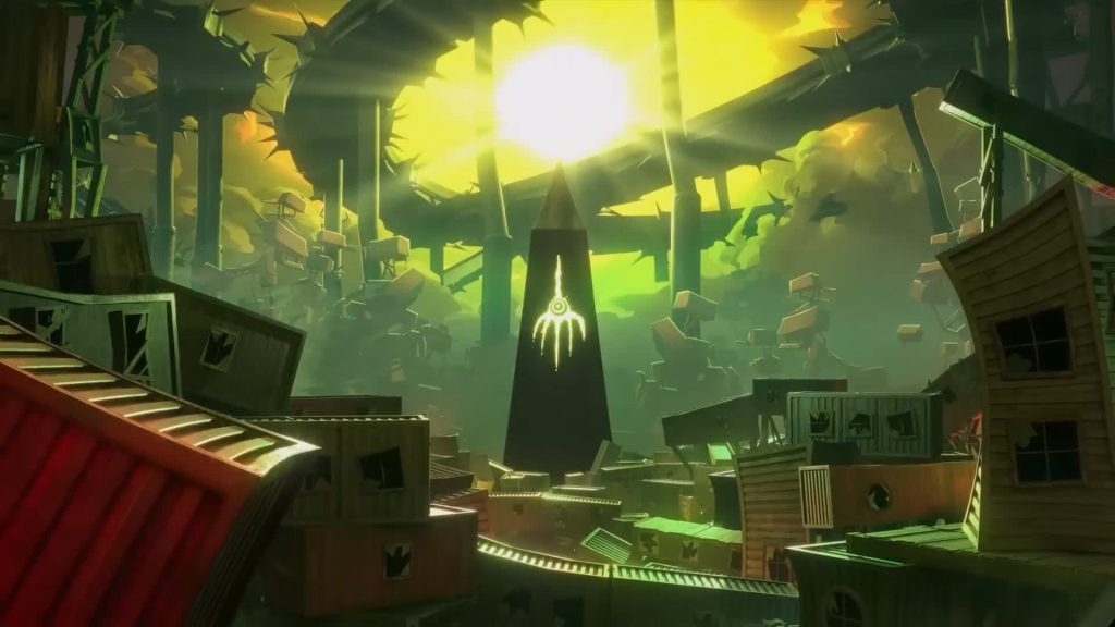 Black Hand — sunlit monolith in a warped shanty maze; clawed eye sigil glows as junk towers spiral — The Gaslight District