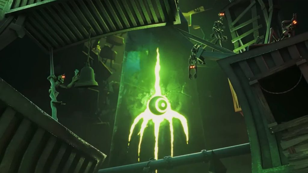 Black Hand, Litterbugs — green sigil blazes on a tower as red-eyed bugs ring a bell on crooked roofs — The Gaslight District