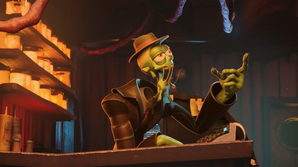 Mud gestures dramatically behind the counter surrounded by jars from The Gaslight District.