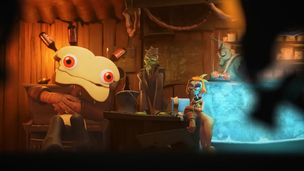 Breadhead, Mud, Melancholy Hill, and Ken the Butcher sit together in a dimly lit hideout