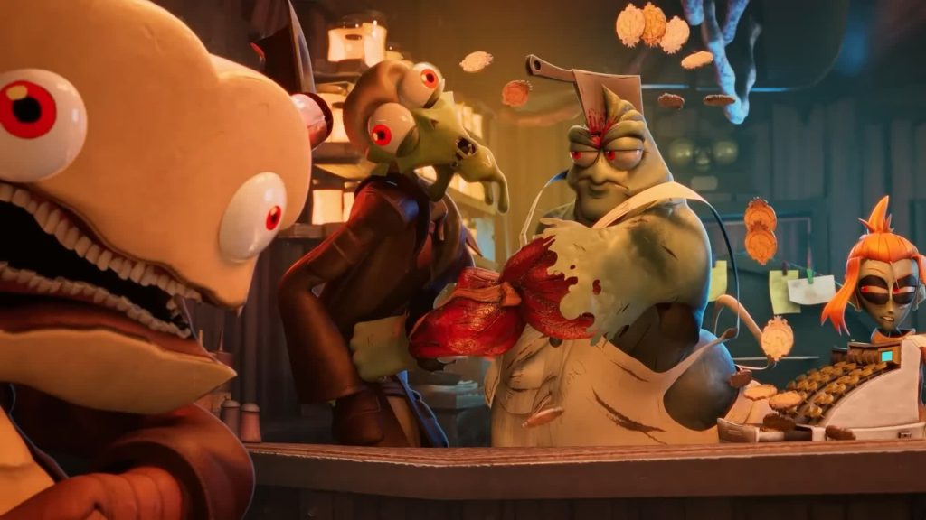 Ken the Butcher serves a fresh heart to Mud while Breadhead watches at the counter — The Gaslight District