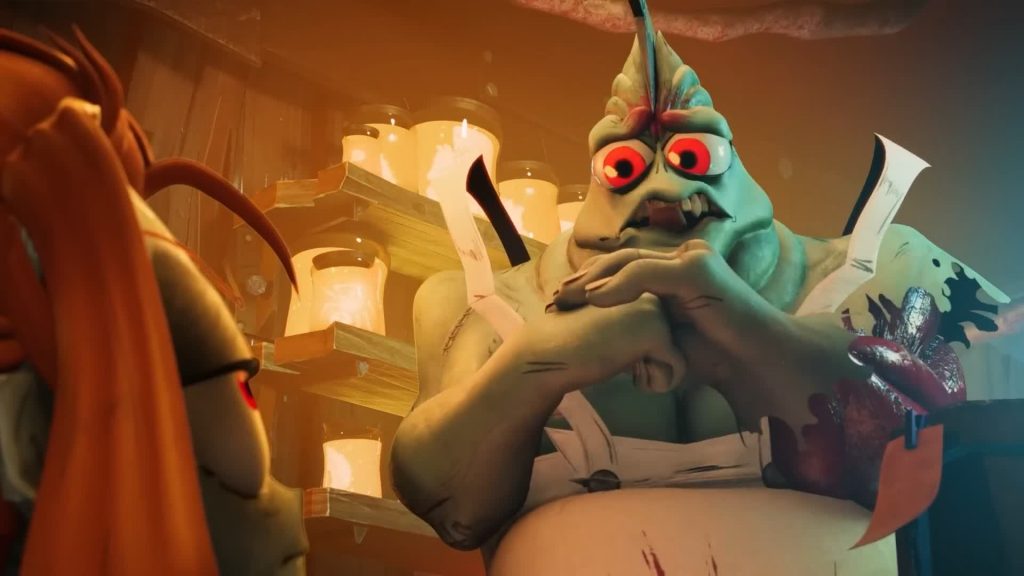 Ken the Butcher speaks solemnly with Melancholy Hill across the shop counter — The Gaslight District
