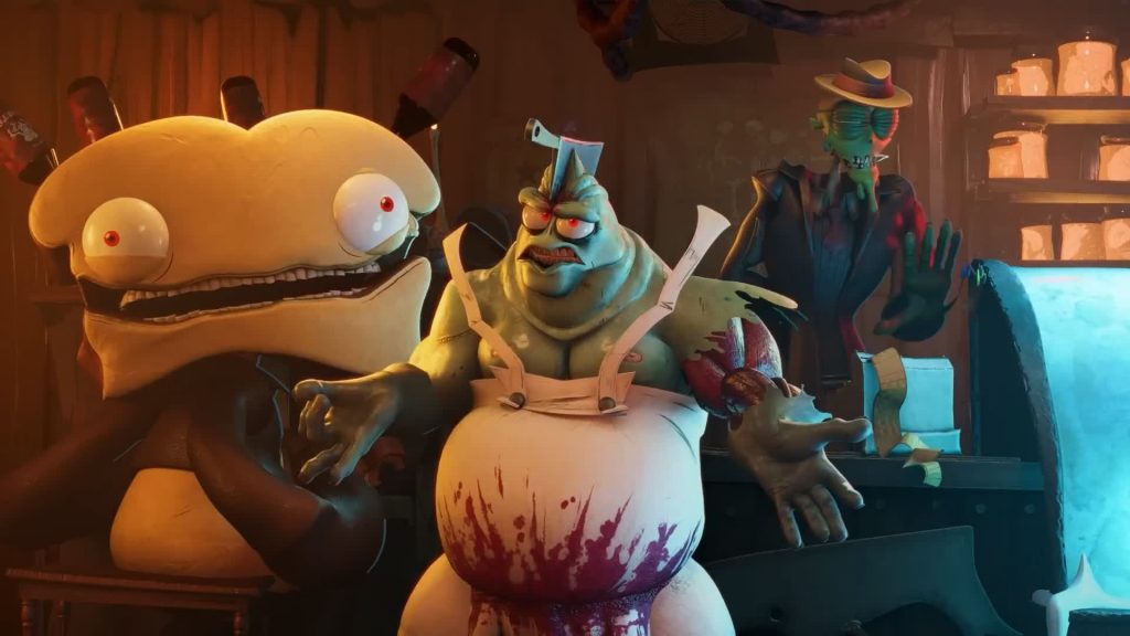 Breadhead smiles beside Ken the Butcher and Mud in a cluttered shop