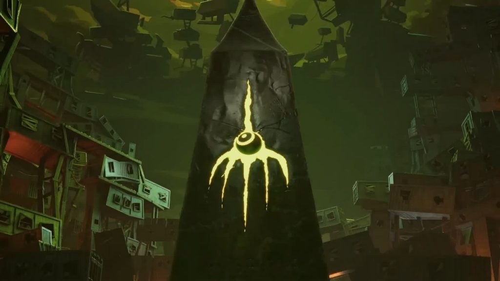 Black Hand — cracked obelisk with dripping eye-and-claw emblem amid stacked shacks in a scrapyard — The Gaslight District
