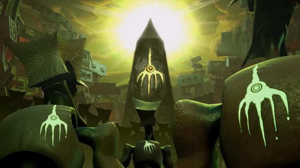 Black Hand, Rotlings — eye-and-claw totems stand before a blazing sun above packed shanties — The Gaslight District
