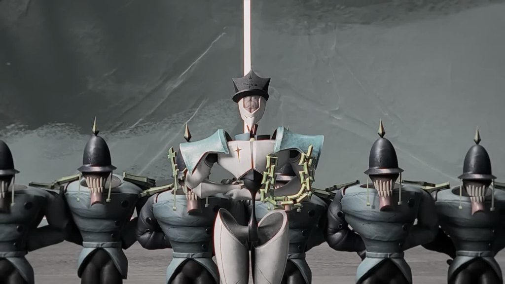 Diligence, Virtue Corps Guards — towering white enforcer stands with armed guards in formation — The Gaslight District