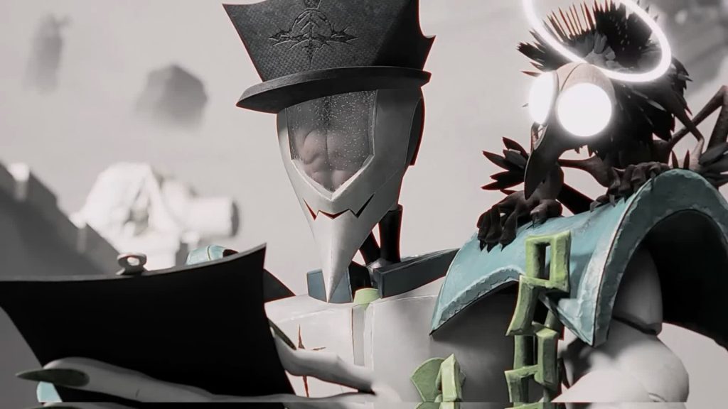 Diligence, Angel Mother — Diligence reads a clipboard as the haloed crow perches on its shoulder — The Gaslight District