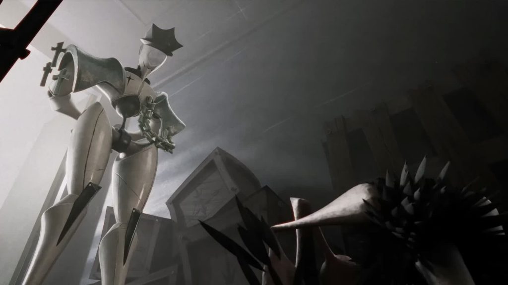 Diligence, Angel Mother — giant white enforcer looks down at the fallen angel amid wooden crates — The Gaslight District