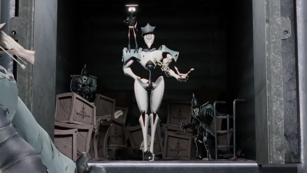 Diligence, Virtue Corps Guards — white enforcer holding clipboard stands in a crate-filled storage room — The Gaslight District