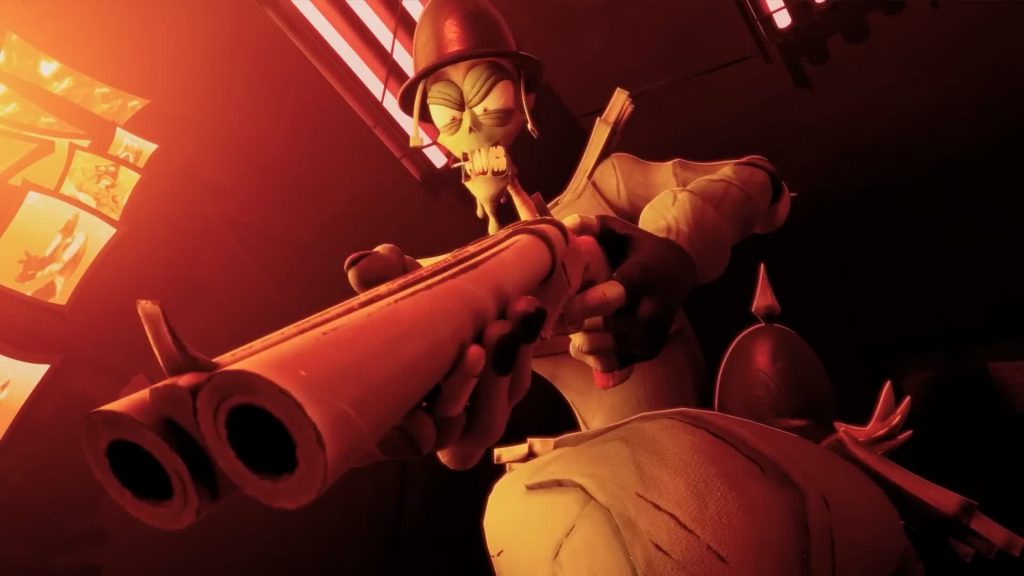 Mud aims a double-barreled shotgun under red light from The Gaslight District.