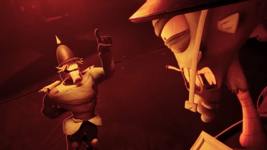 Ken the Butcher, Mud — heated argument under red light as Ken gestures while Mud glares from above — The Gaslight District