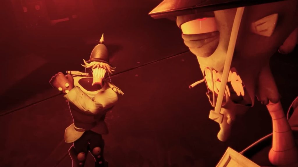 Ken the Butcher, Mud — Ken turns away gripping his weapon as Mud watches with anger under crimson light — The Gaslight District