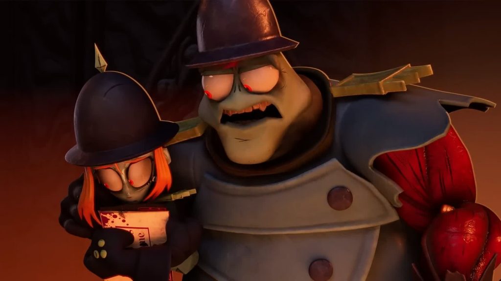 Virtue Corps officer supports a shaken agent holding a bloody book — The Gaslight District